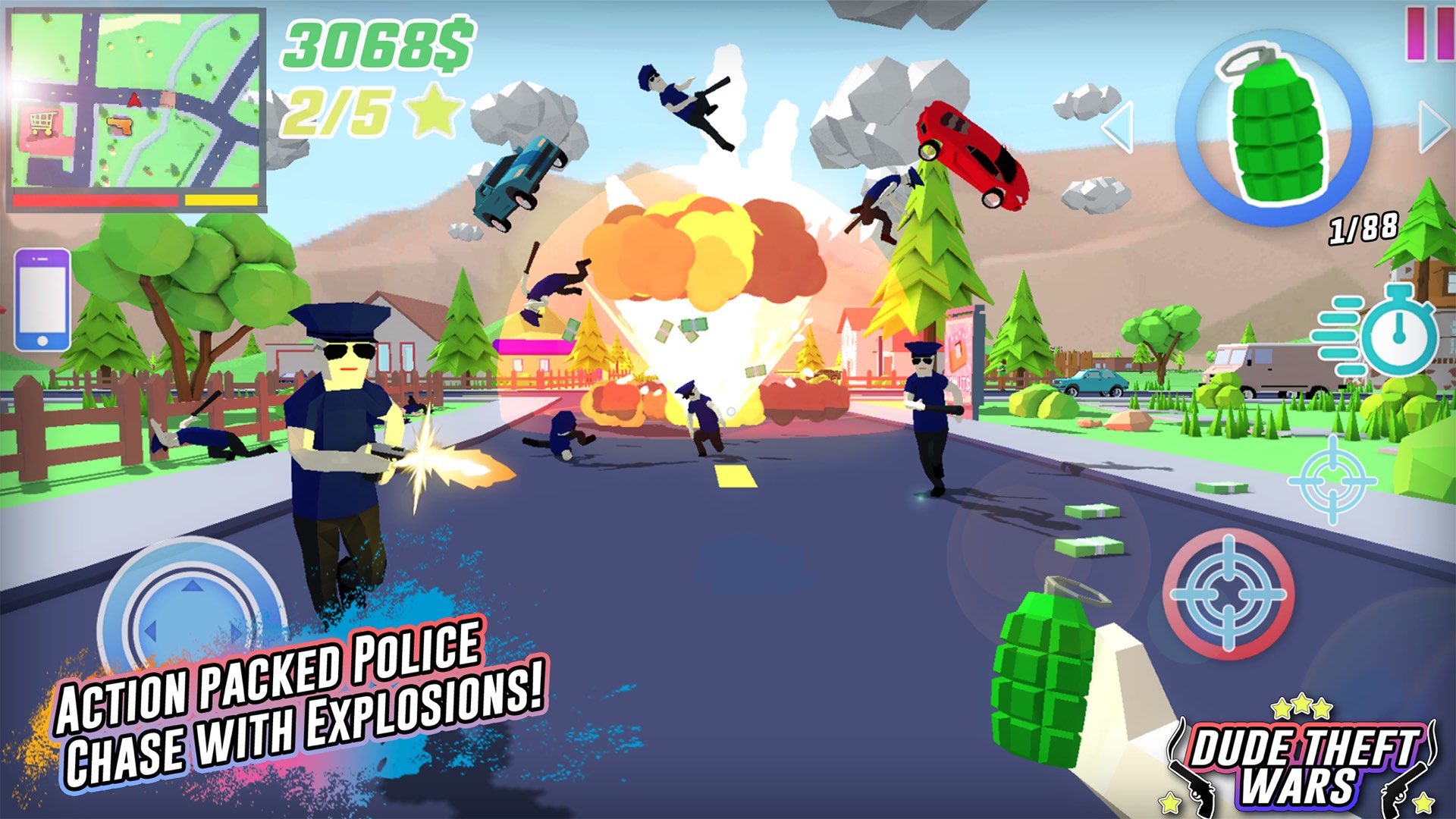 Скриншот Dude Theft Wars: герой на улице low-poly города рядом с машиной